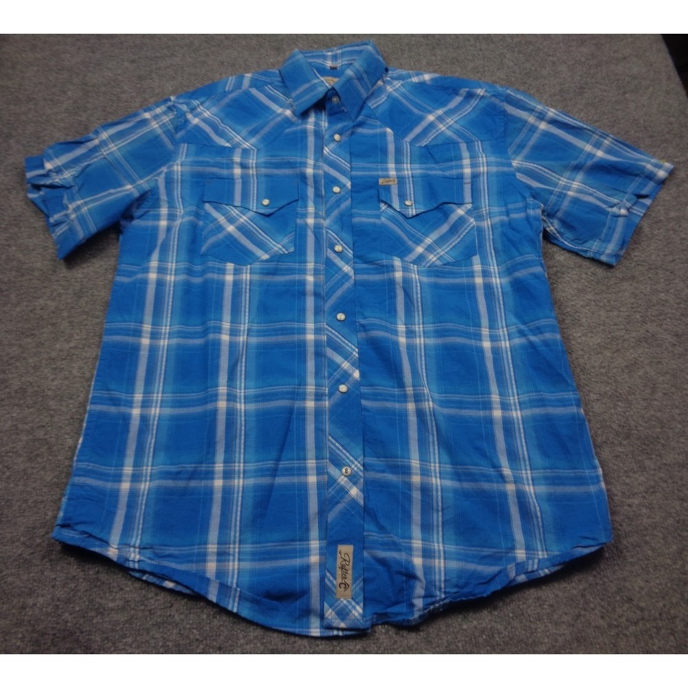Rafter C Shirt Mens L Blue Plaid Pearl Snap Pro Flex 45 Short Sleeve Western